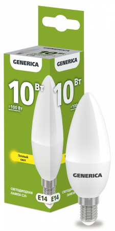 Лампа светодиодная C35 свеча 10Вт 230В 3000К E14 GENERICA – №1
