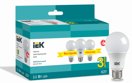 Лампа светодиодная A60 шар 11Вт 230В 4000К E27 (3шт/упак) IEK – №1