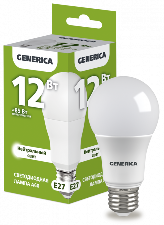 Лампа светодиодная A60 груша 12Вт 230В 4000К E27 GENERICA – №1