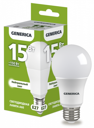 Лампа светодиодная A60 груша 15Вт 230В 4000К E27 GENERICA – №1